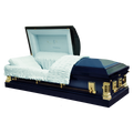 In Gods Care casket — blue 18-gauge steel with velvet interior