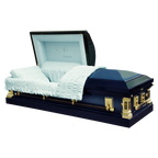 In Gods Care casket — blue 18-gauge steel with velvet interior