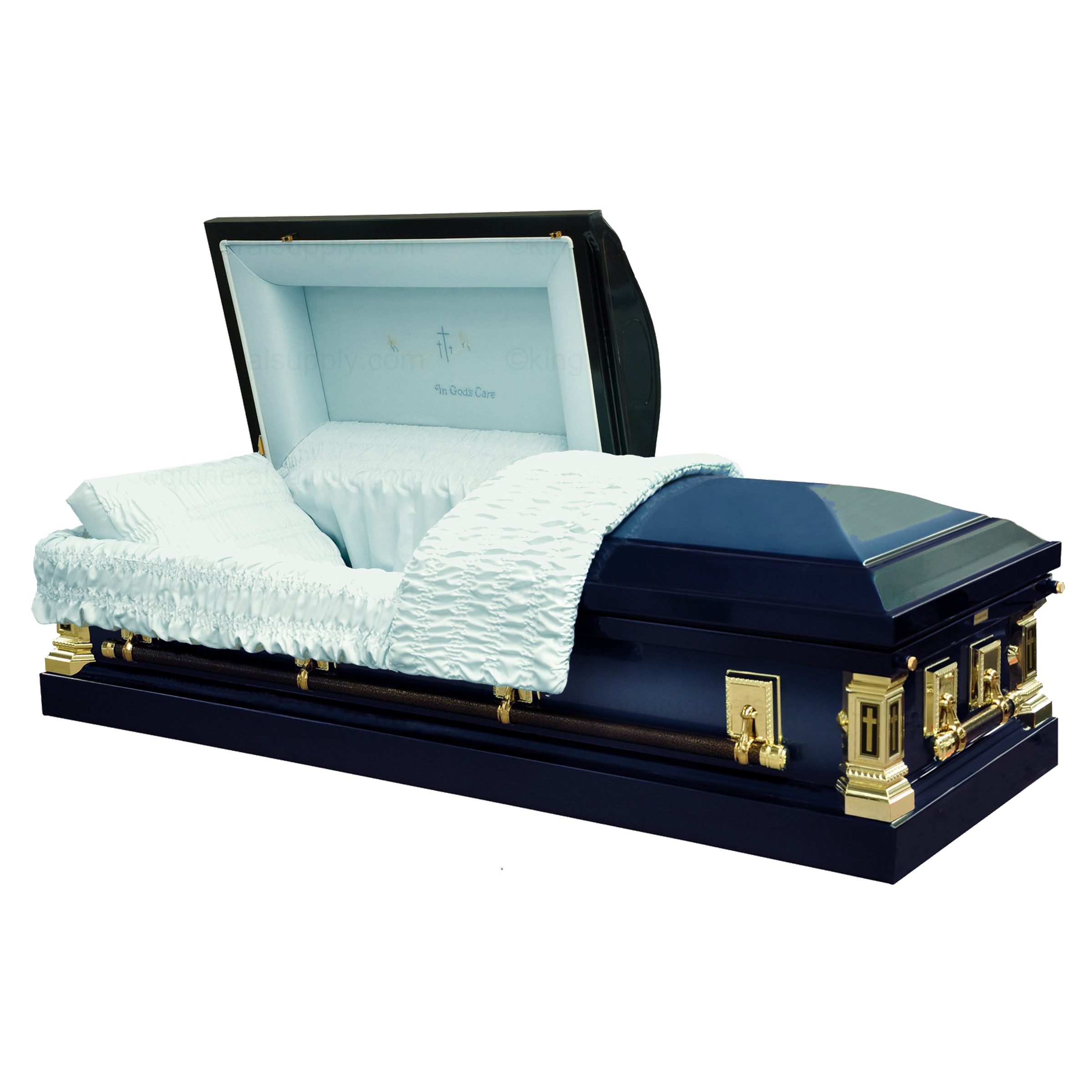 In Gods Care casket — blue 18-gauge steel with velvet interior