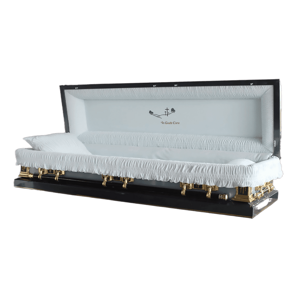 Discount Caskets Series In Gods Care Full Couch — black 18-gauge steel with blue velvet interior