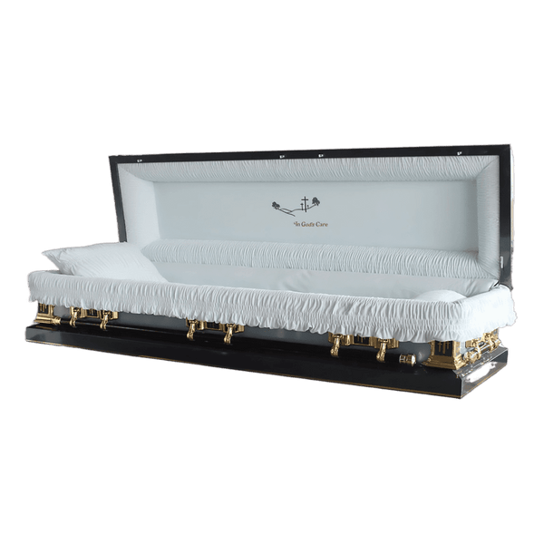 Discount Caskets Series In Gods Care Full Couch — black 18-gauge steel with blue velvet interior