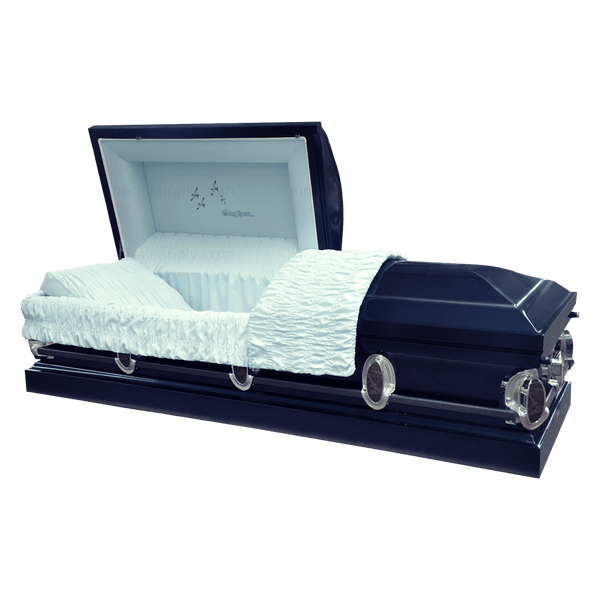 Going Home casket — black 18-gauge steel with white velvet interior