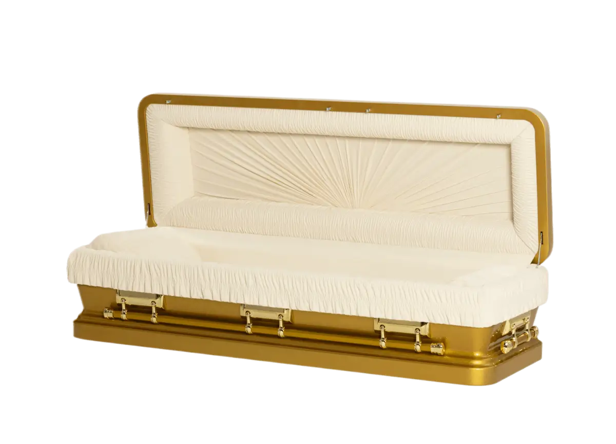 Discount Caskets Series Gold Full Couch — gold 18-gauge steel with ivory velvet interior