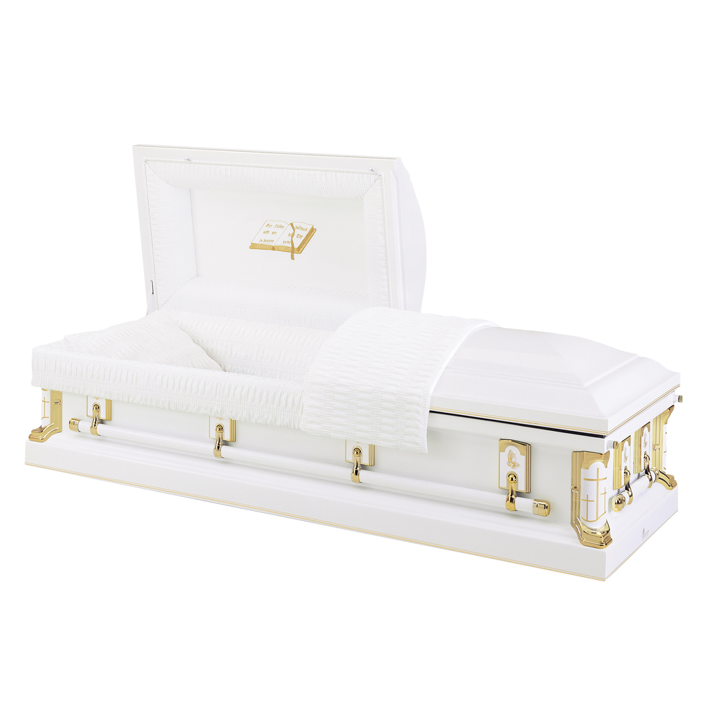 Batesville Gold Cross Casket — white 18-gauge steel with ivory crepe interior (view 2)