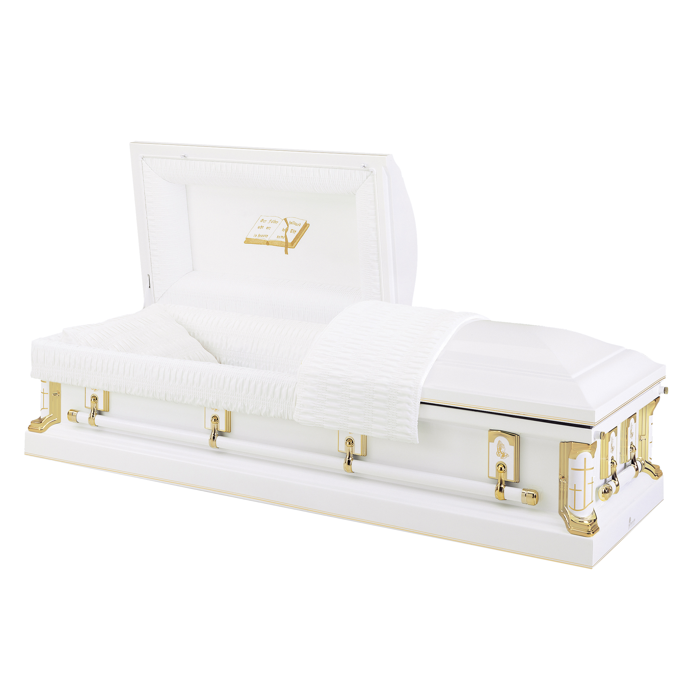 Batesville Gold Cross Casket — white 18-gauge steel with ivory crepe interior (view 2)
