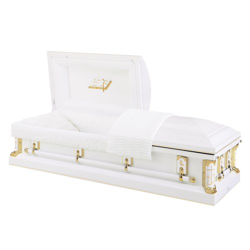 Batesville Gold Cross Casket — white 18-gauge steel with ivory crepe interior (view 2)
