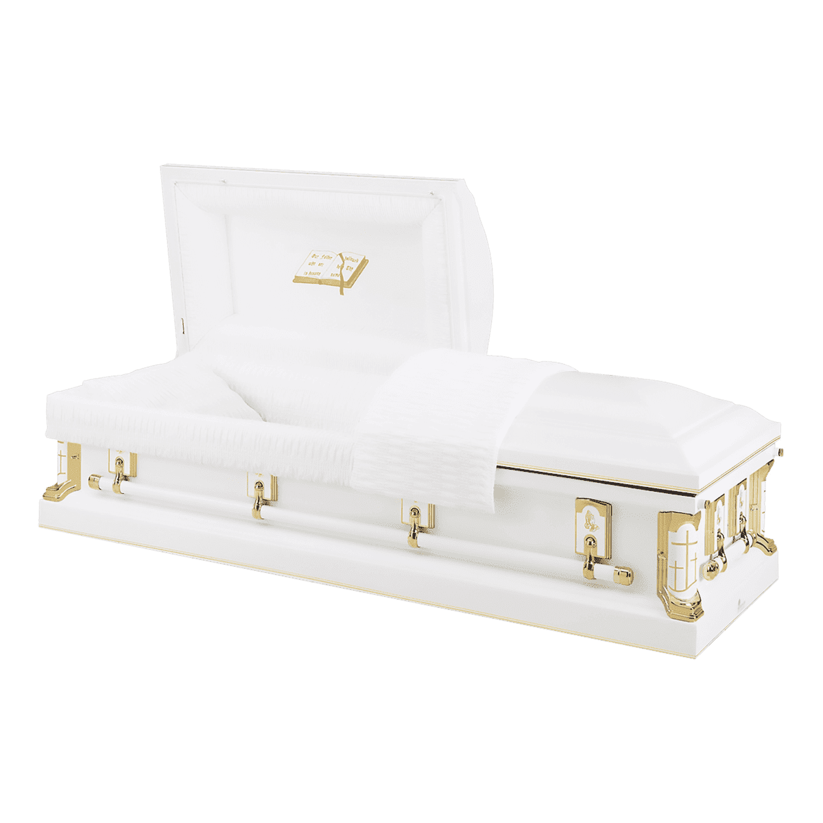 Batesville Gold Cross Casket — white 18-gauge steel with ivory crepe interior