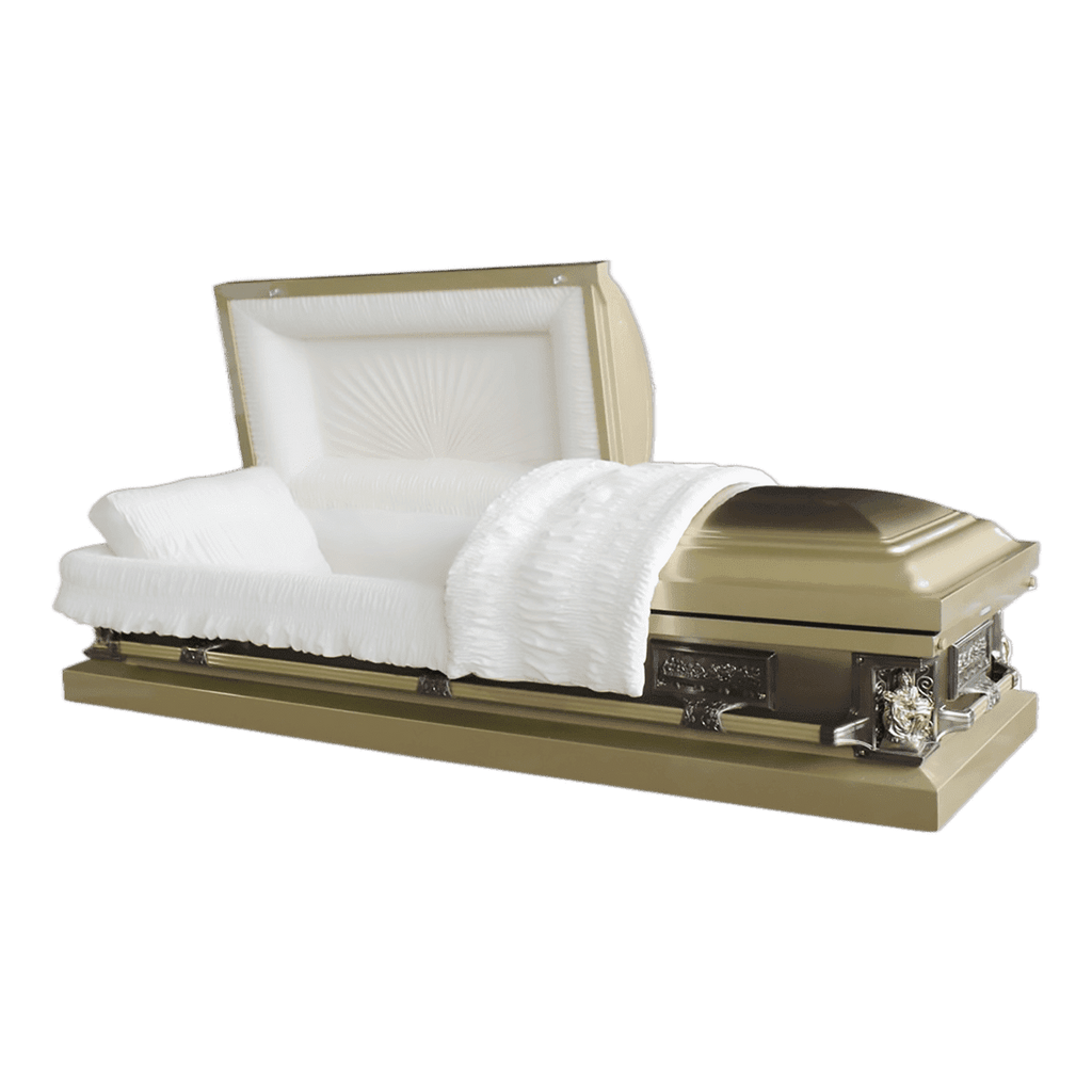 Gold Last Supper-Pieta casket — gold 18-gauge steel with ivory velvet interior (view 2)