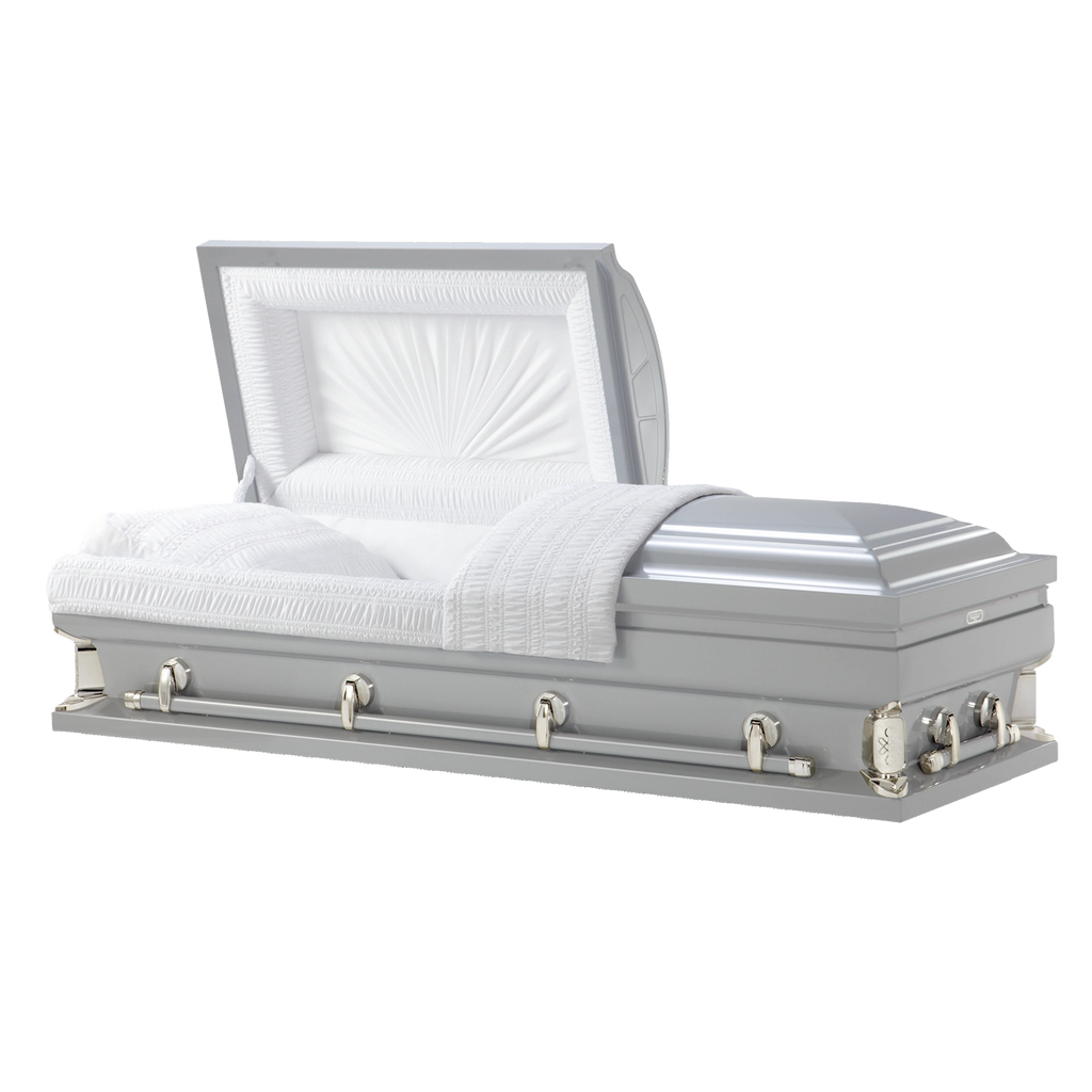Magnus Series 32″ Silver Oversize Casket — silver 18-gauge steel with white velvet interior (view 2)