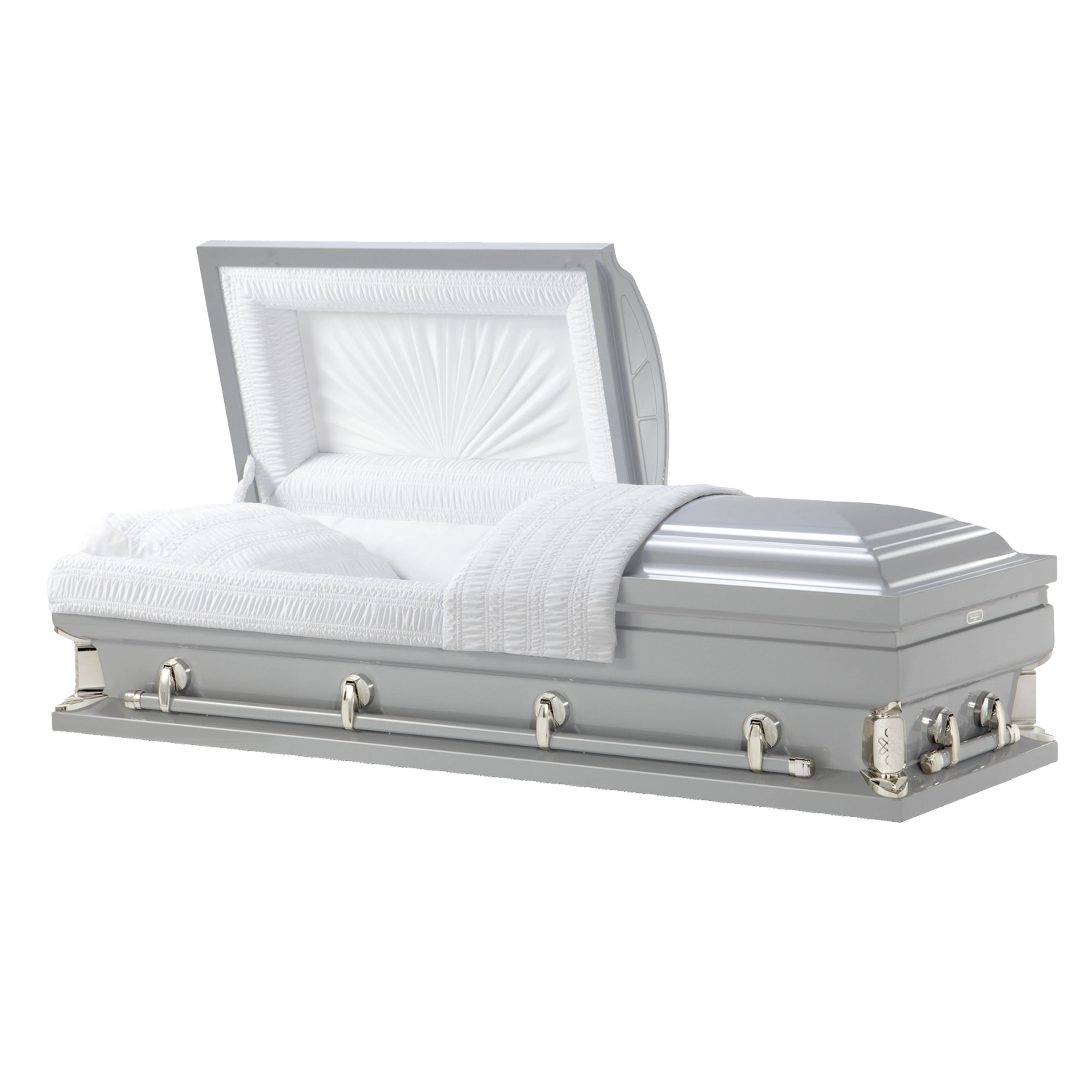 Magnus Series 32″ Silver Oversize Casket — silver 18-gauge steel with white velvet interior (view 2)