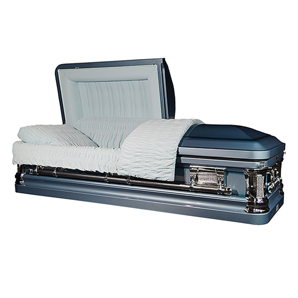 Grand Caskets — blue 18-gauge steel with white velvet interior (view 2)