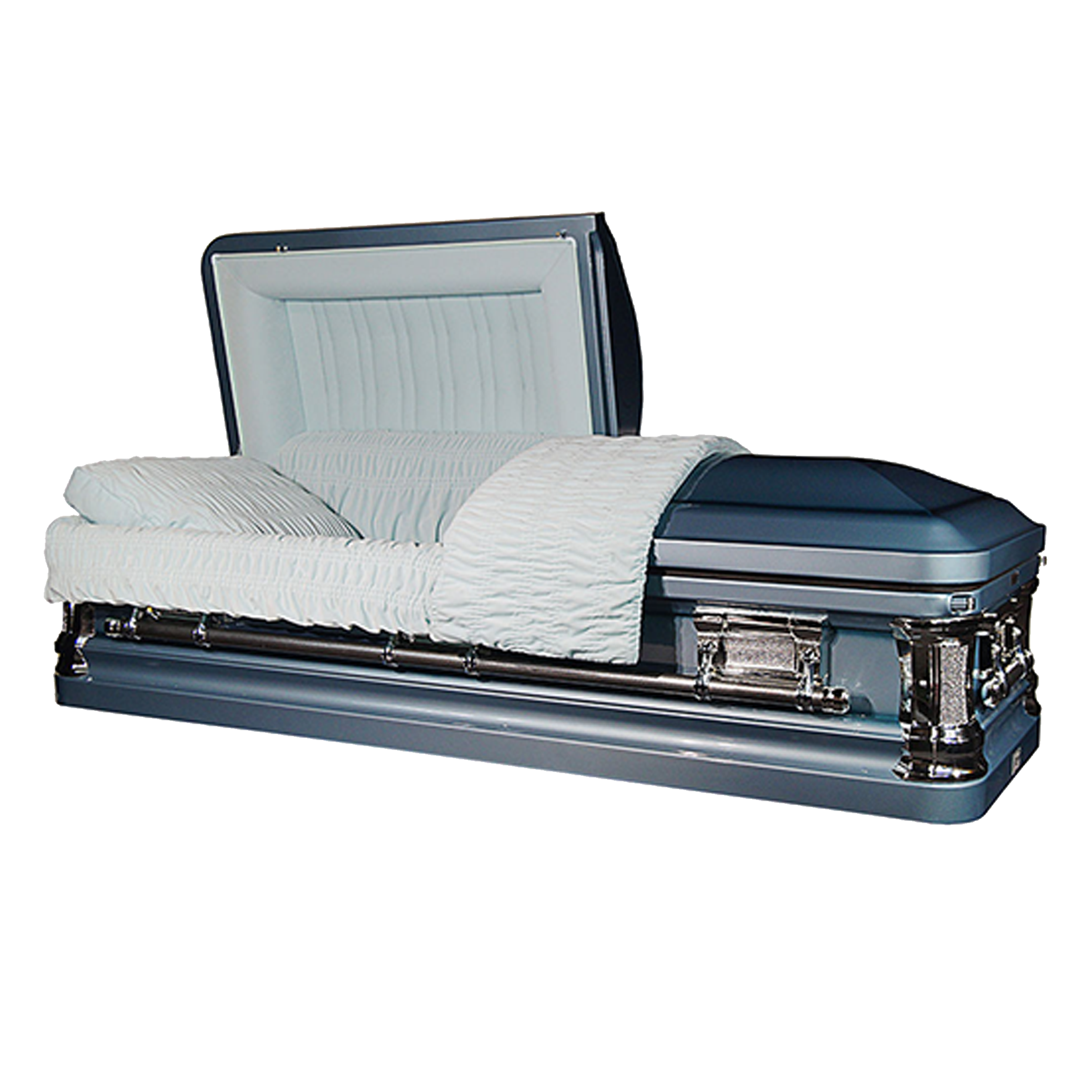 Grand Caskets — blue 18-gauge steel with white velvet interior (view 2)