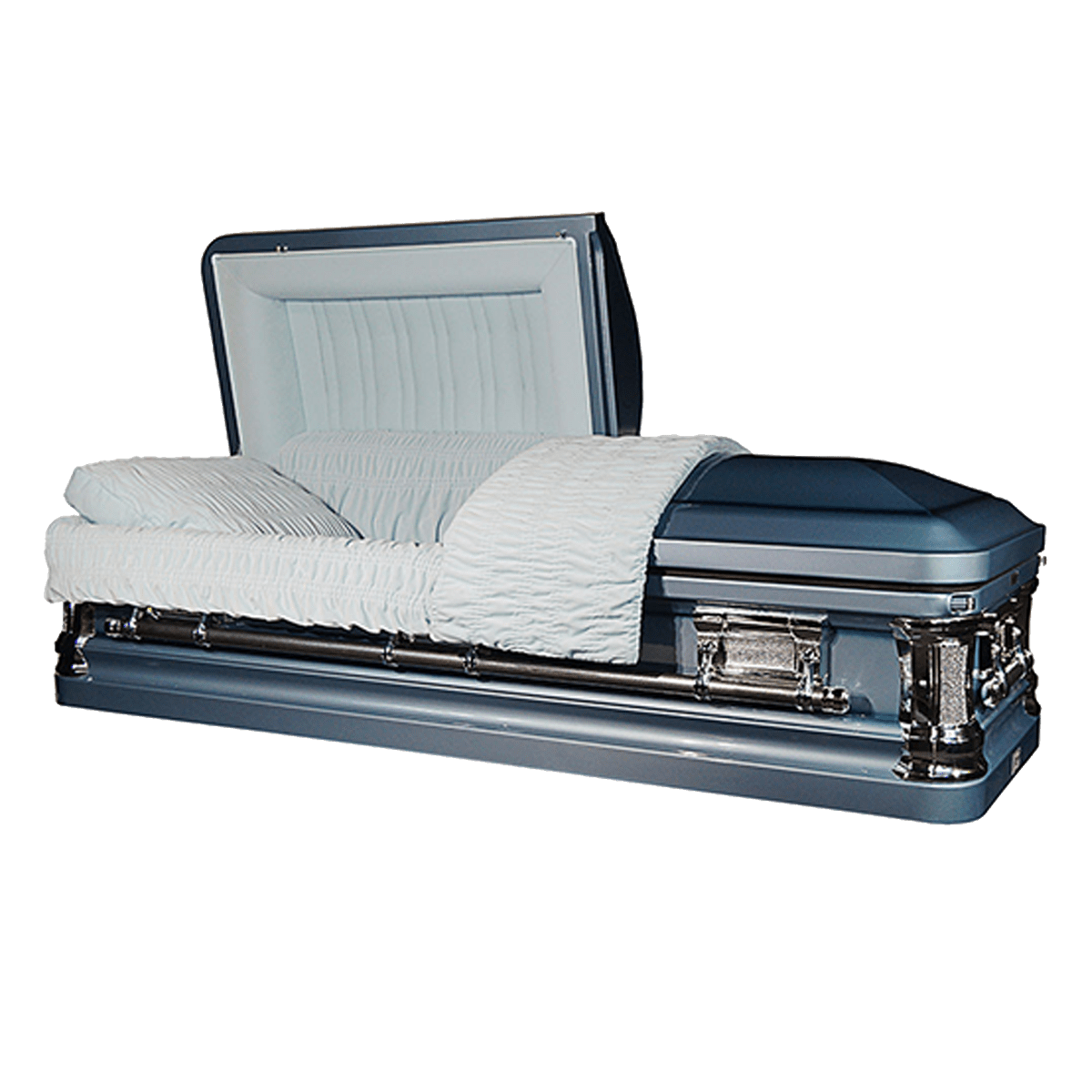 Grand Caskets — blue 18-gauge steel with white velvet interior