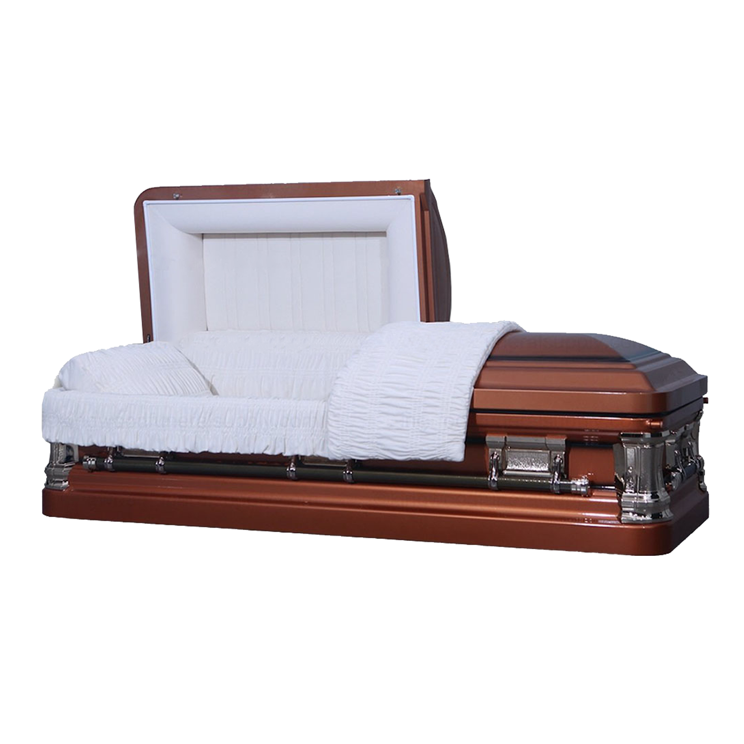 Hampton Metal Casket — brown 18-gauge steel with white velvet interior (view 2)