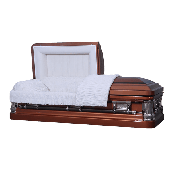 Hampton Metal Casket — brown 18-gauge steel with white velvet interior