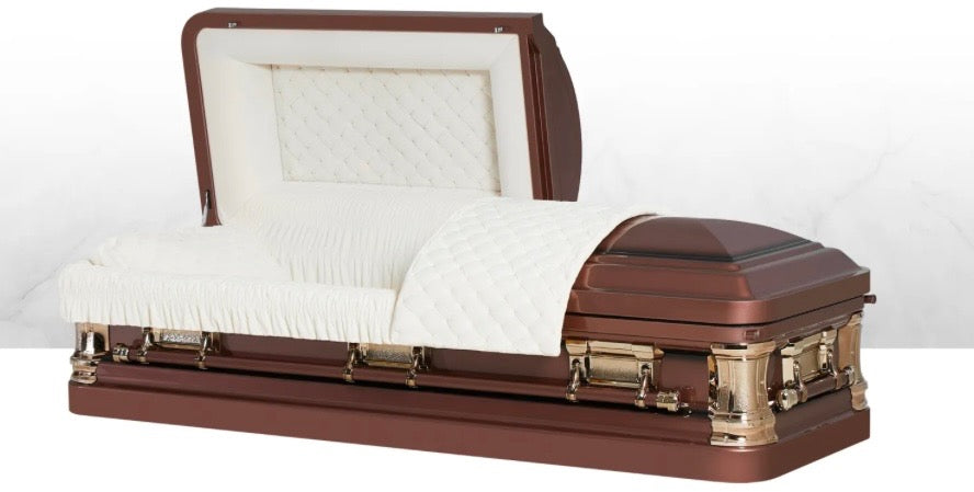 Hampton Metal Casket — brown 18-gauge steel with white velvet interior (view 3)