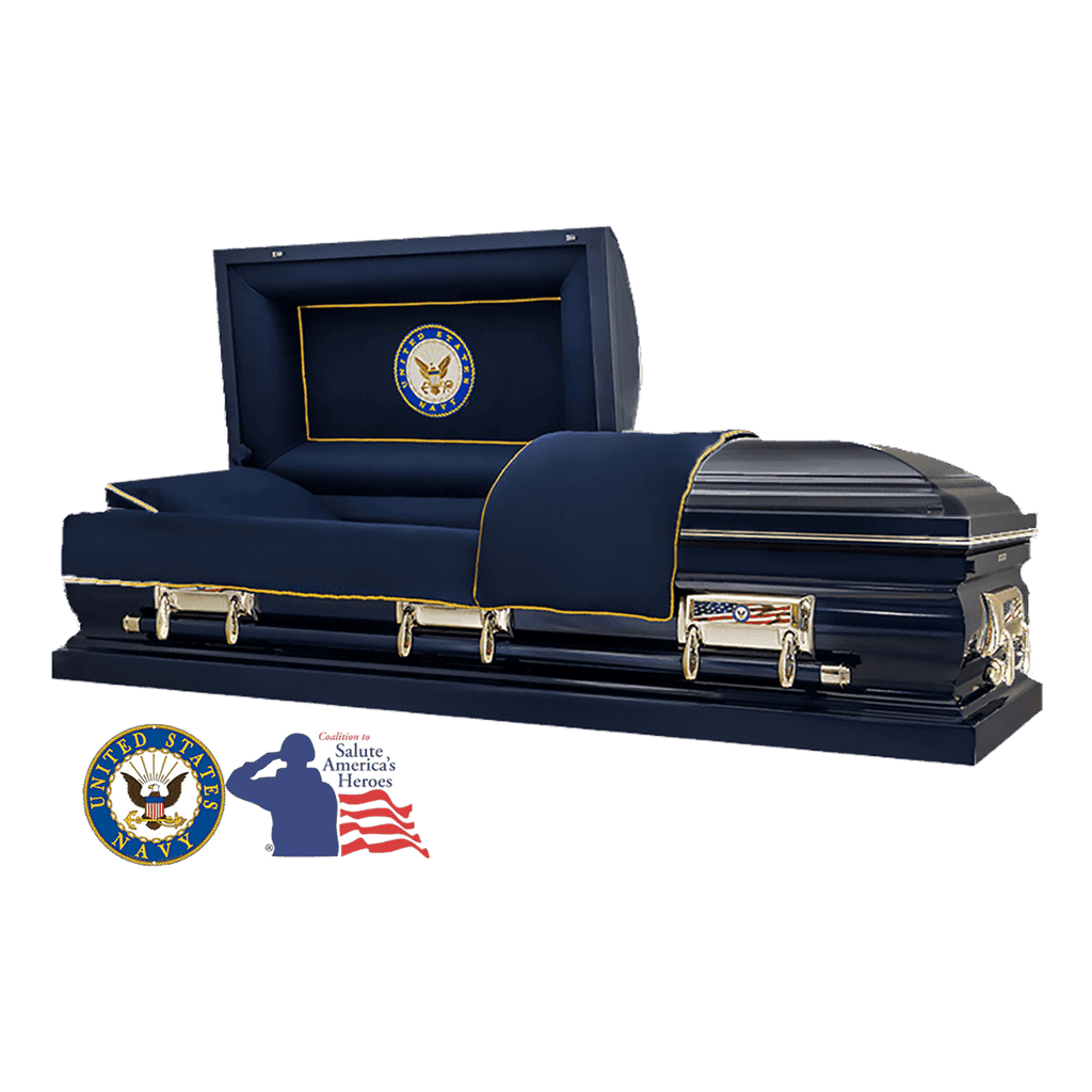 The Hero Neo Navy casket — blue 18-gauge steel with blue velvet interior