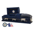 The Hero Neo Navy casket — blue 18-gauge steel with blue velvet interior
