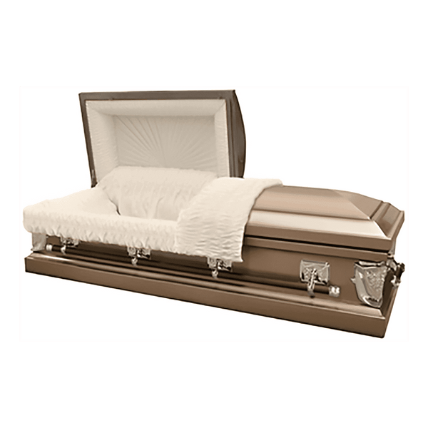 Infinite Gold casket — bronze 20-gauge steel with ivory crepe interior