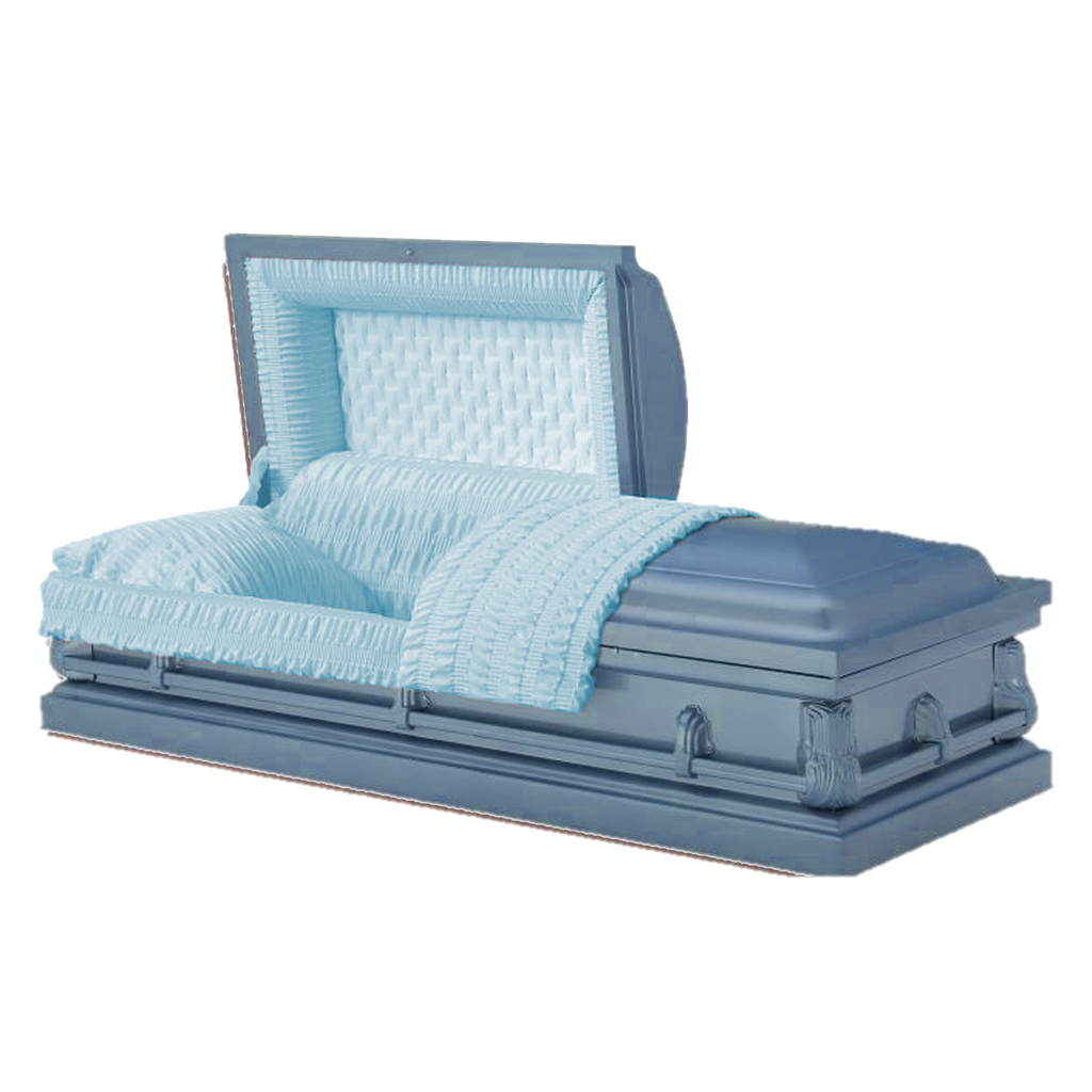 Jefferson Blue casket — blue 20-gauge steel with blue interior (view 2)