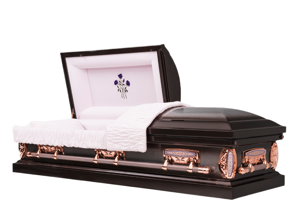 Legacy Harmony casket — dark orchid 18-gauge steel with pink velvet interior (view 2)