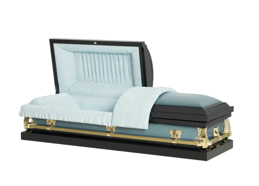 Lenox Series Blue casket — light blue 20-gauge steel with blue crepe interior