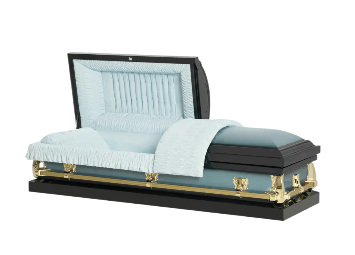 Lenox Series Blue casket — light blue 20-gauge steel with blue crepe interior