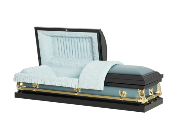 Lenox Series Blue casket — light blue 20-gauge steel with blue crepe interior