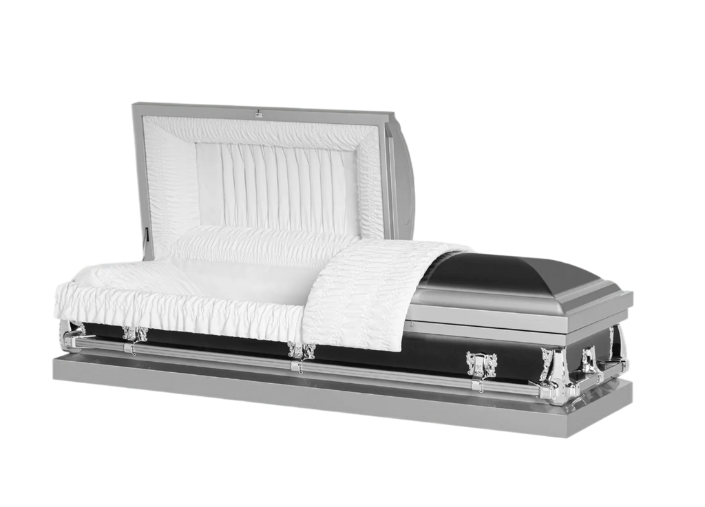 Lenox Series Gramercy casket — silver 20-gauge steel with white crepe interior (view 2)