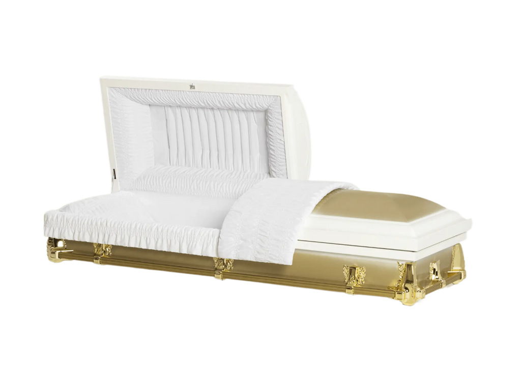 Lenox Series White/Gold casket — gold 20-gauge steel with white crepe interior (view 2)