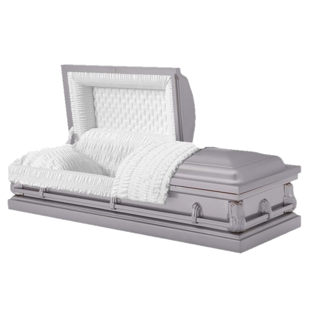 Lincoln casket — silver 20-gauge steel with white crepe interior (view 2)