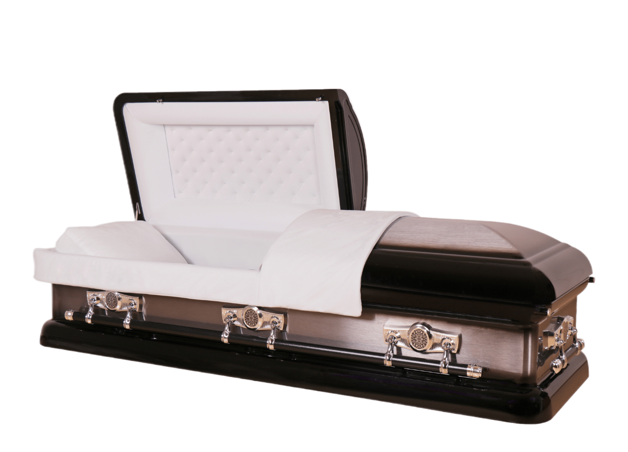 Mars Midnight casket — black 18-gauge steel with white velvet interior (view 2)