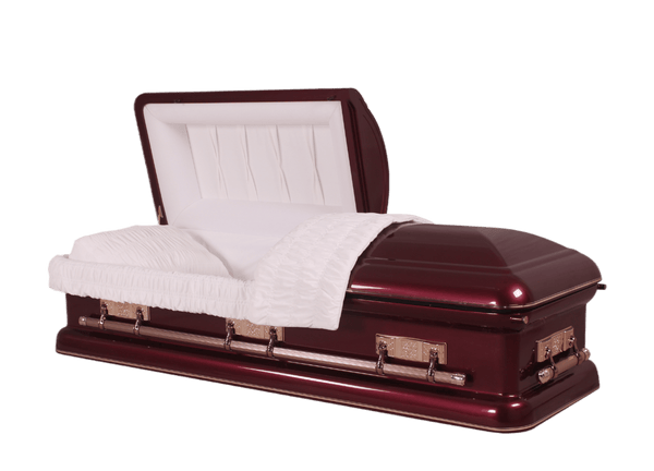 Mars Ruby casket — burgundy 18-gauge steel with white velvet interior