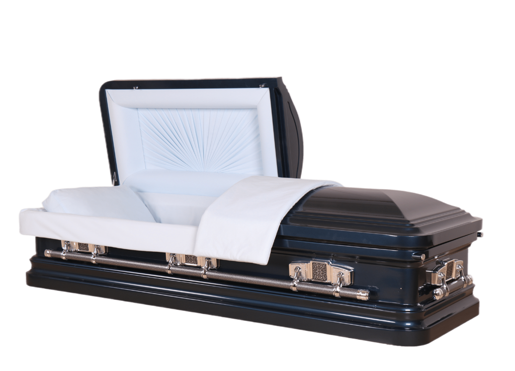 Mars Venetian Blue casket — blue 18-gauge steel with blue velvet interior (view 2)