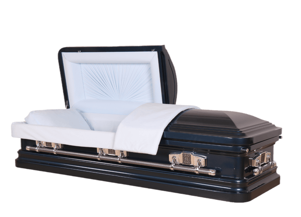 Mars Venetian Blue casket — blue 18-gauge steel with blue velvet interior