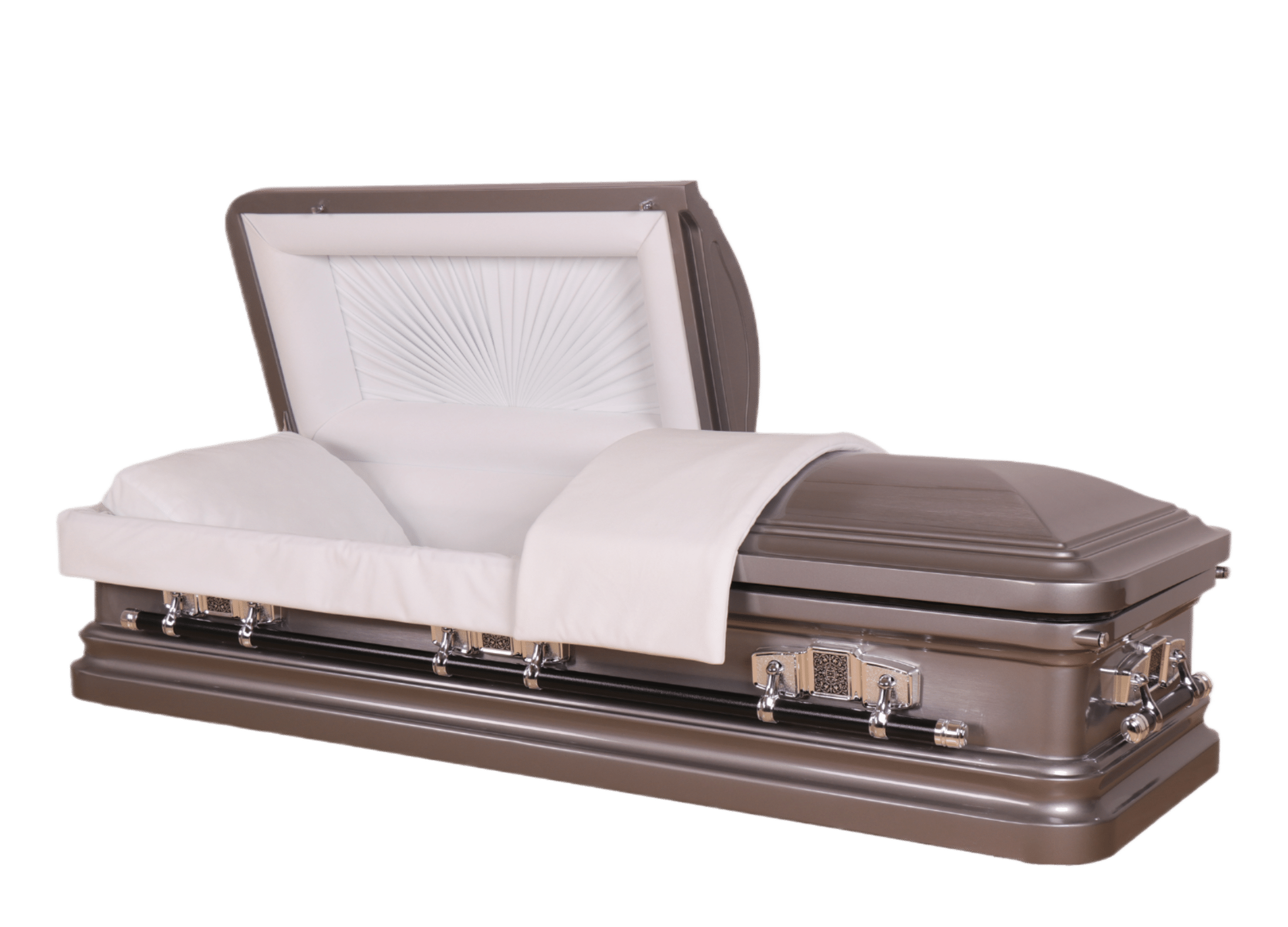 Mars Venetian Gray casket — gray 18-gauge steel with white velvet interior