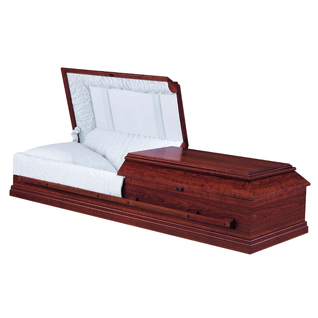 Mason Cherry Cremation Casket — solid cherry with blue crepe interior (view 2)