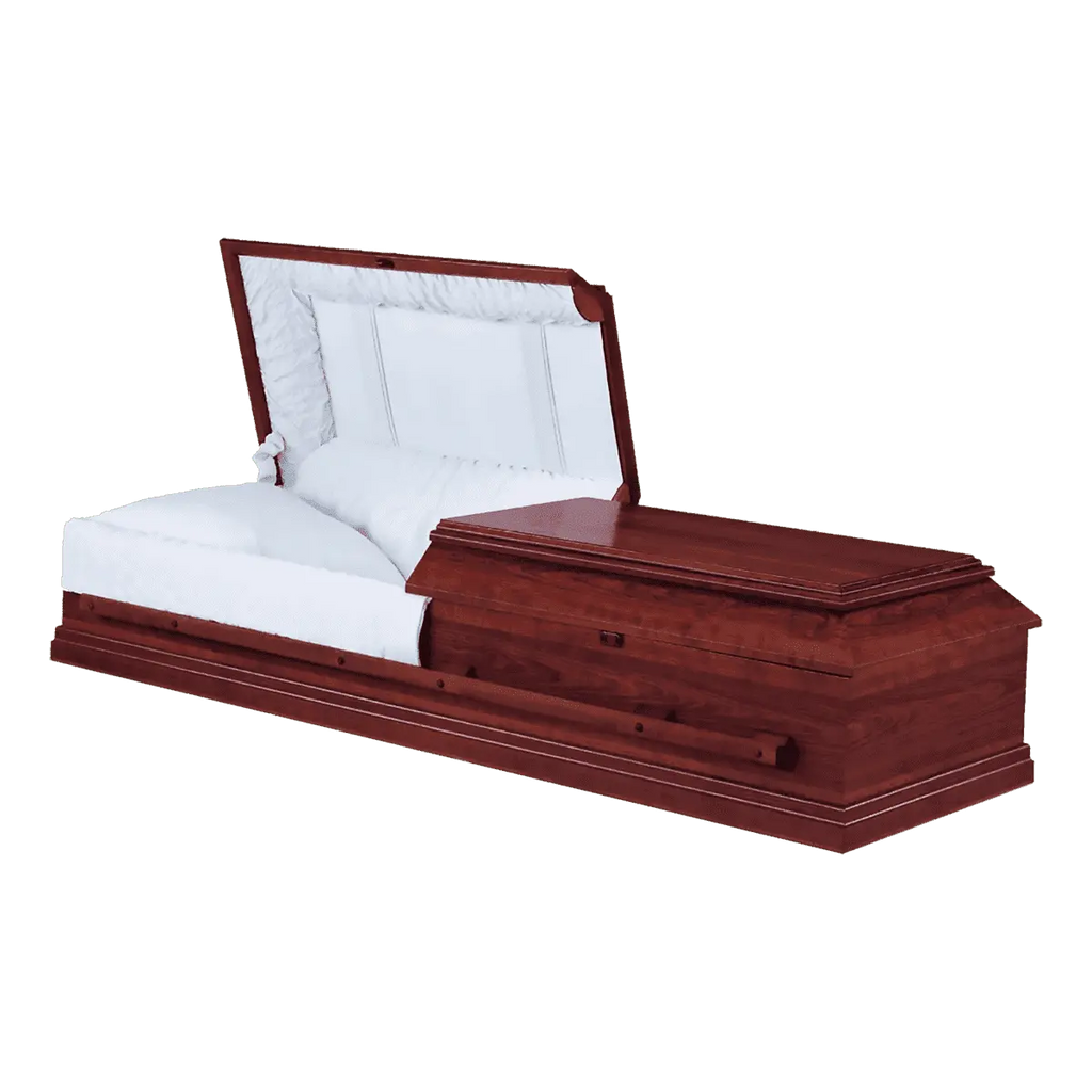Mason Cherry Cremation Casket — solid cherry with blue crepe interior (view 3)