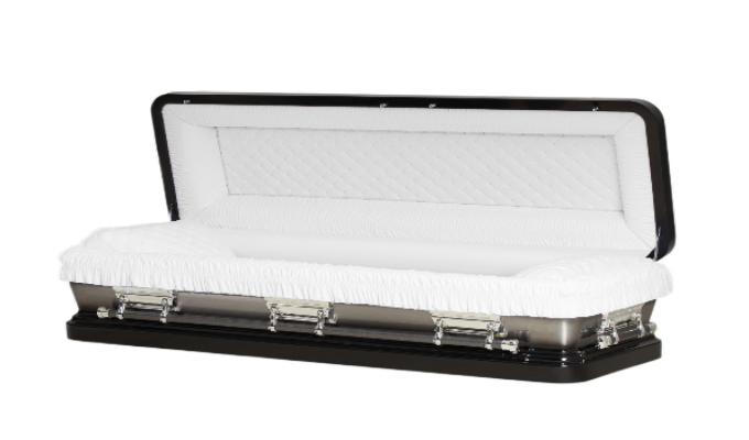Casket Series Ebony and Silver Brush Full Couch — black 18-gauge steel with white velvet interior