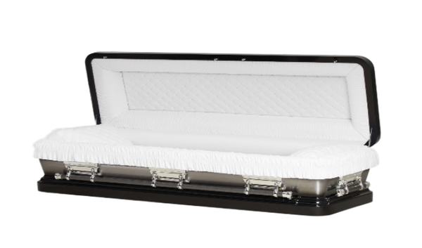 Casket Series Ebony and Silver Brush Full Couch — black 18-gauge steel with white velvet interior