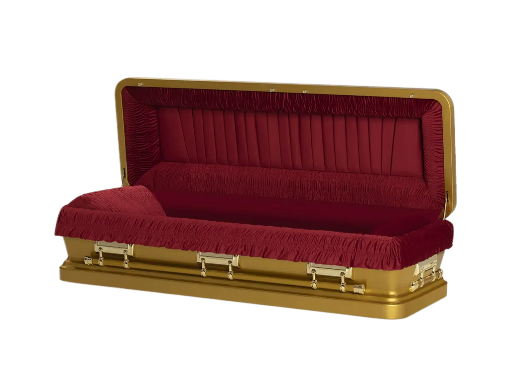 Discount Caskets Series Gold and Maroon Full Couch — gold 18-gauge steel with red velvet interior (view 2)