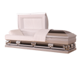 Mercury Series Ebony casket — tan 20-gauge steel with white crepe interior