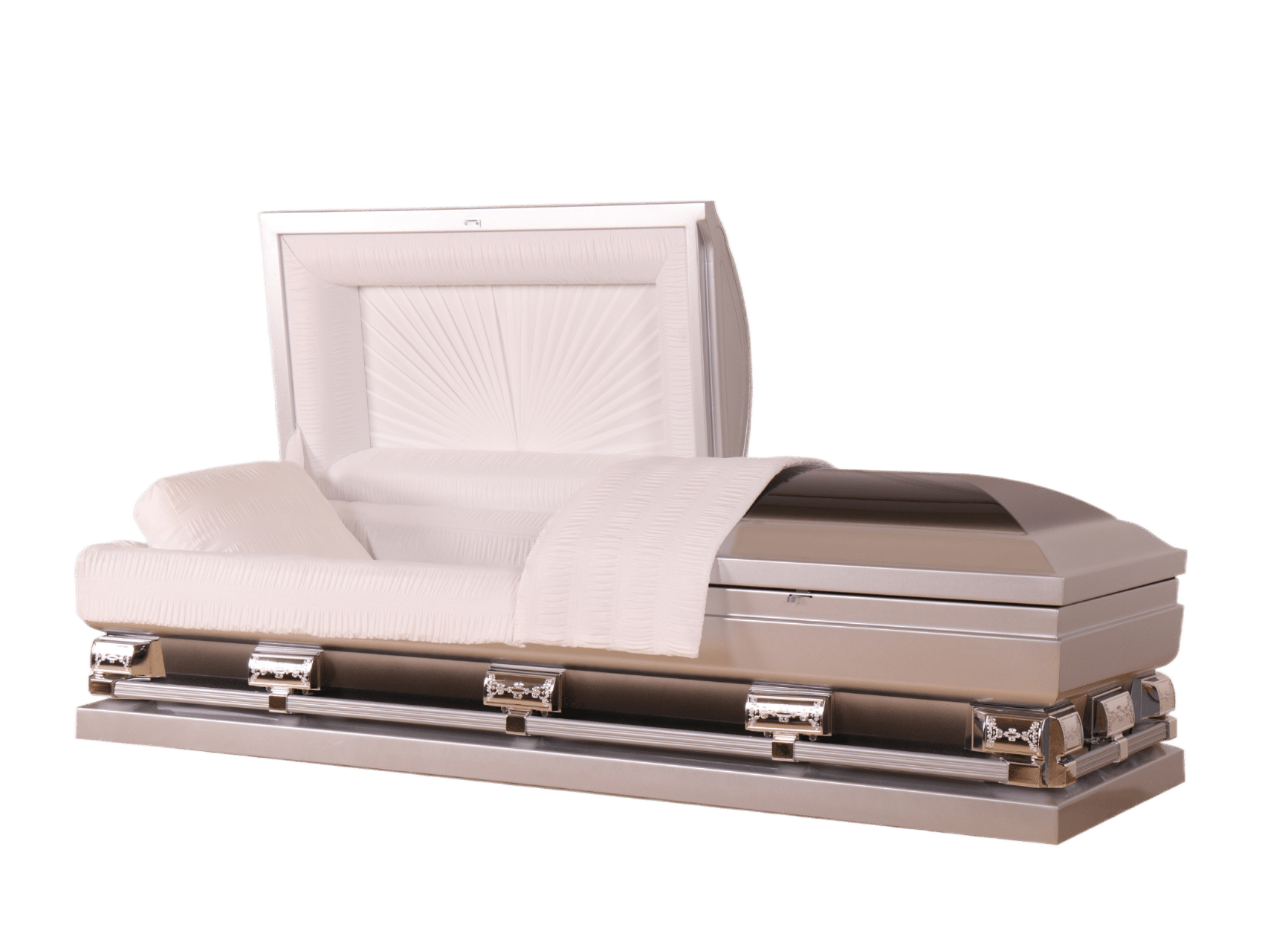 Mercury Series Ebony casket — tan 20-gauge steel with white crepe interior