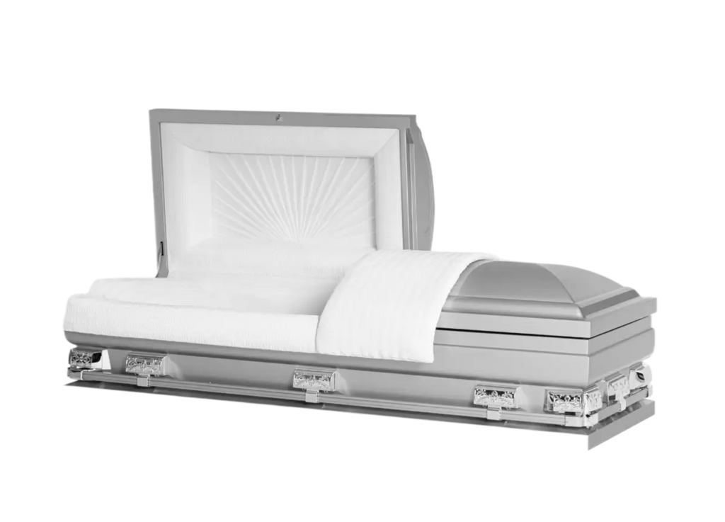 Mercury Series Silver casket — silver 20-gauge steel with white crepe interior