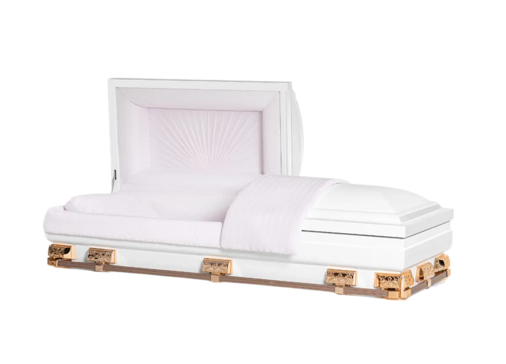 Mercury Series White and Pink casket — white 20-gauge steel with pink crepe interior