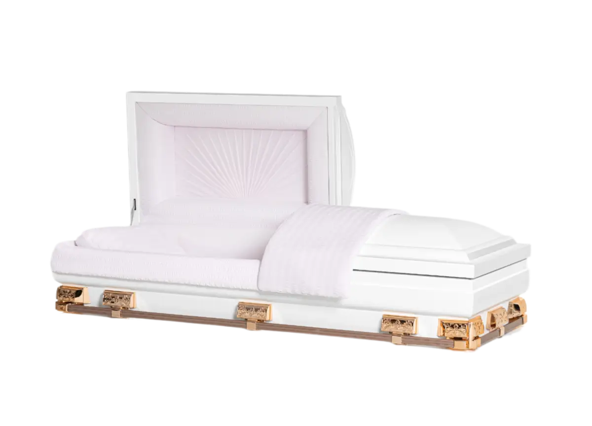 Mercury Series White and Pink casket — white 20-gauge steel with pink crepe interior