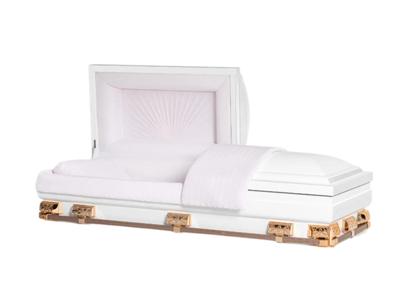 Mercury Series White and Pink casket — white 20-gauge steel with pink crepe interior