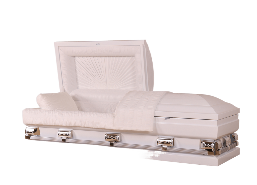 Mercury White/Silver casket — white 20-gauge steel with white crepe interior (view 2)