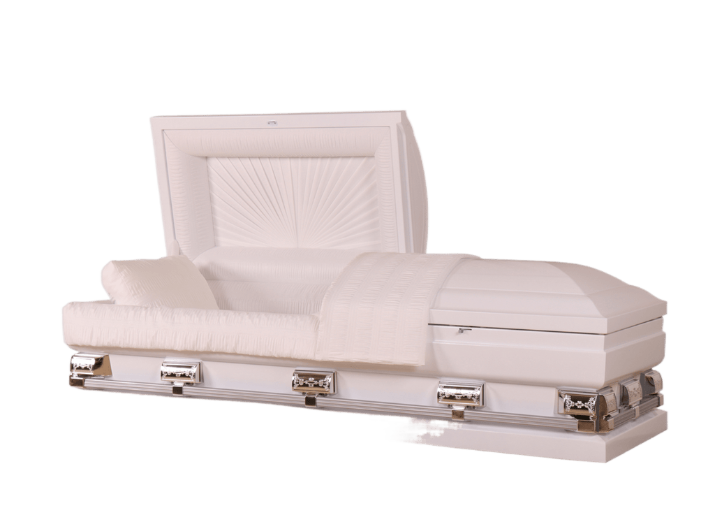 Mercury White/Silver casket — white 20-gauge steel with white crepe interior