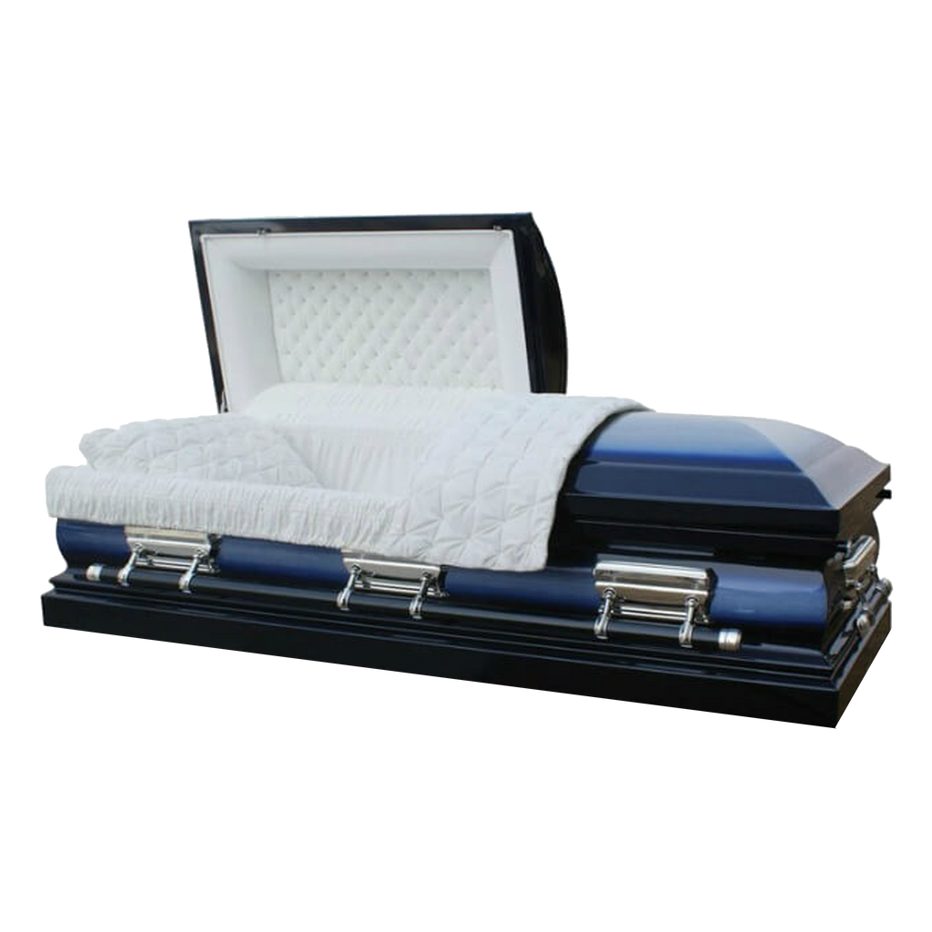 Midnight Blue casket — blue 18-gauge steel with white velvet interior (view 2)